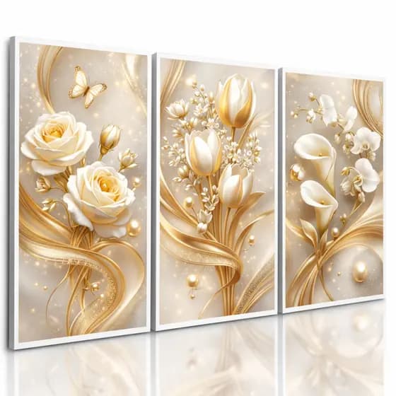 Kit Quadros Elegantes com Flores Brancas 3 Peças