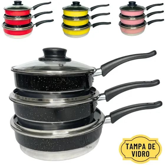 Jogo Com 3 Frigideiras Altas Antiaderente Com Tampa De Vidro Conjunto Kit 3 Pçs Frigideira Teflon Preta Vermelha Amarela Rosa
