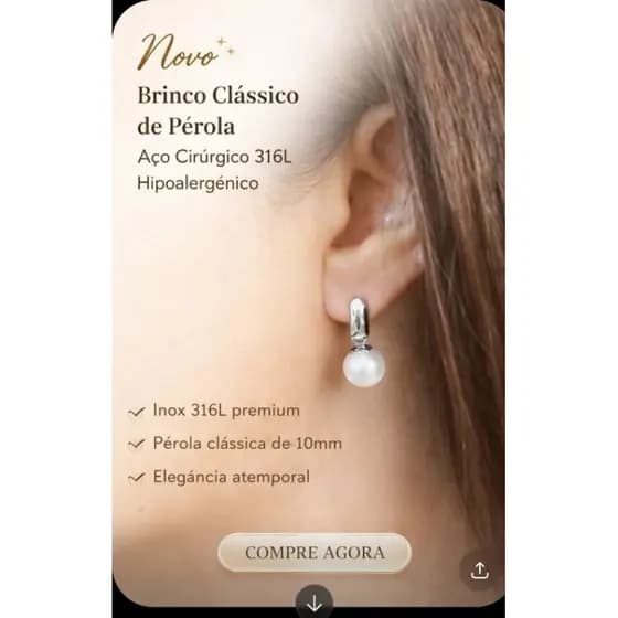 Brinco Clássico de Pérola 10mm Aço Inox 316L Hipoalérgico Feminino Elegante