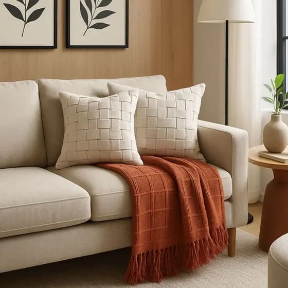 Kit Manta Sofá Terracota120x180cm + 2 Capas Almofadas Boho Algodão 45x45 Cru Decoração sofá sala