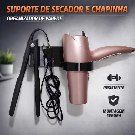 Suporte De Parede P/Secador de Cabelo e Chapinha - Organizador de secador de cabelo e chapinha