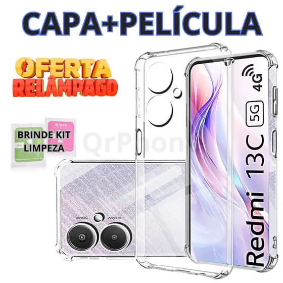 Capa Capinha e Película Xiaomi Redmi 13C e Poco C65 Anti Impacto Transparente Brinde Kit limpeza