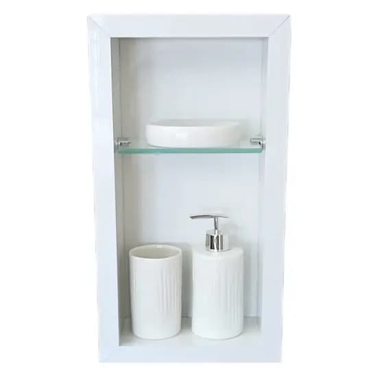 Nicho Porcelanato p/banheiro 20x40x11 com prateleira de vidro e bordas de alumínio