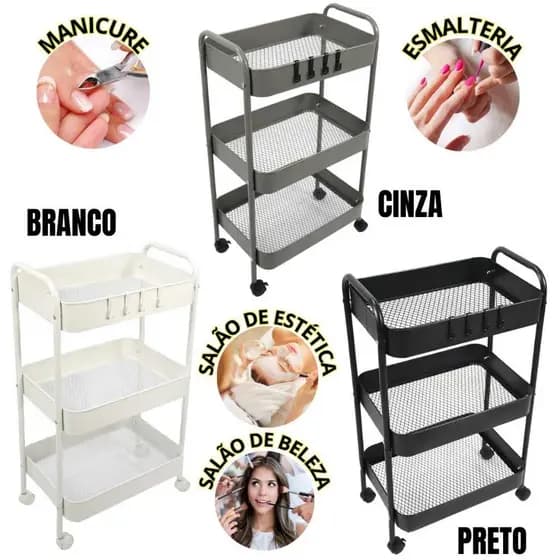 Carrinho Auxiliar com 3 andare de Ferro ou Acrílico rodinhas para Salão de Beleza Pedicure Manicure Esmalteria Estética