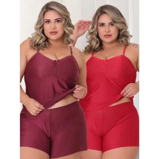 Kit com 2 Baby Doll Short Doll Feminino Plus Size Malha Fria Liganete Liso