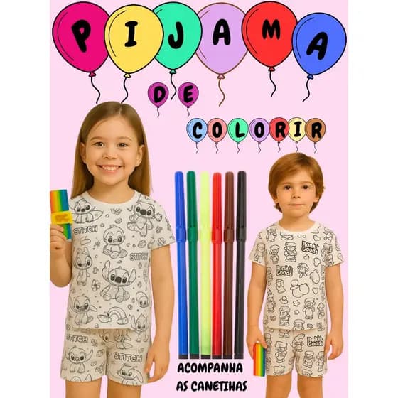 PIJAMA INFANTIL VERÃO COM CANETINHA LAVÁVEL CONJUNTO INFANTIL PARA COLORIR