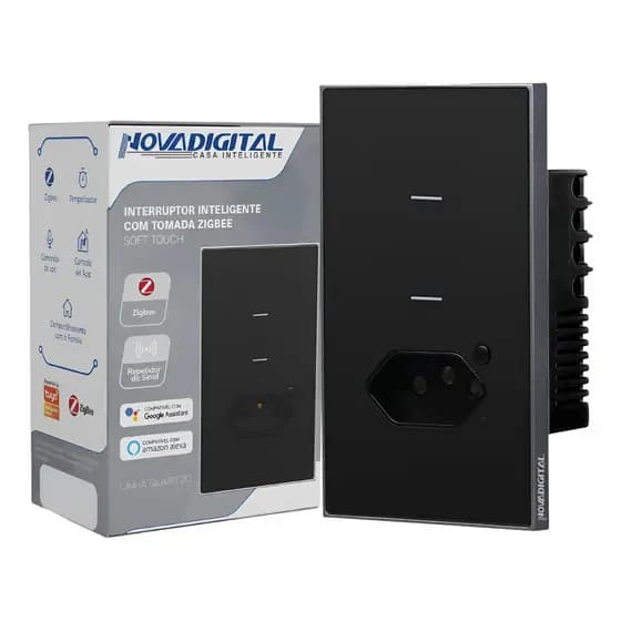 Interruptor Inteligente Zigbee Soft Touch 2 teclas + tomada Quartzo da Novadigital QZ-WK-2B PRETO