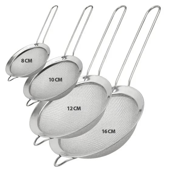 Kit 4x Peneira Inox 8/10/12/16cm para Cozinha Drinks Confeitaria Polvilhar Peneirar Açúcar Farinha