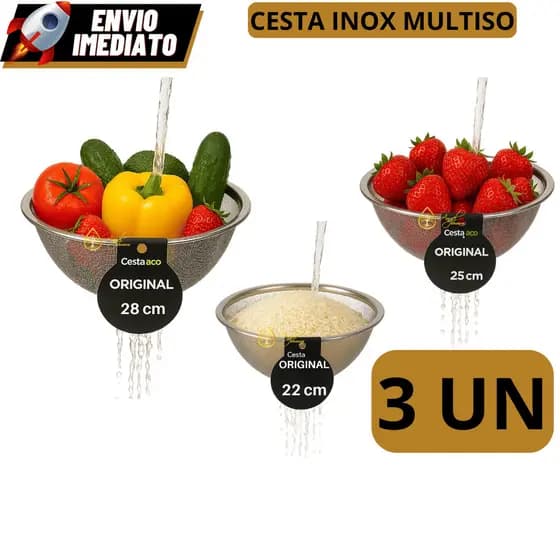 Kit 3 Cestas em Inox 22cm 25cm 28cm Escorredor Multiuso de Macarrão Legumes Arroz Fruteira