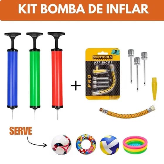 Jogo Bomba de ar Manual para Encher Bolas e Infláveis + Kit de Bicos com 5 Peças