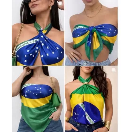 Lenço Feminino Multifuncional Estampa Bandeira do Brasil Cetim Toque Suave 90x90 Look Tendência
