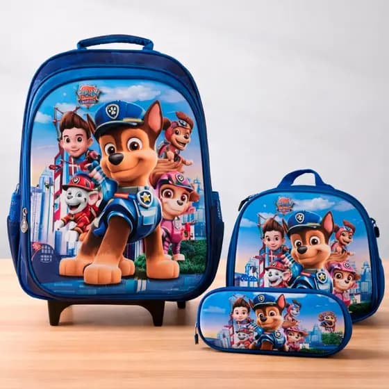 Kit 3D Mochila Estojo Lancheira Grande Rodinha Infantil