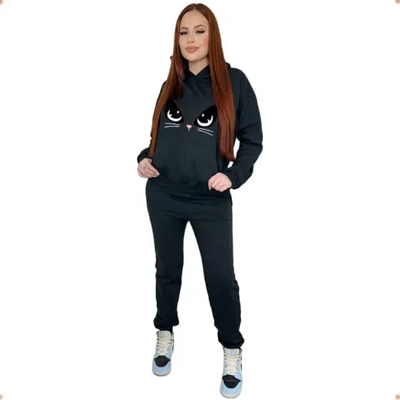 Conjunto De Moletom Feminino Gatinha Inverno Abrigo Agasalho