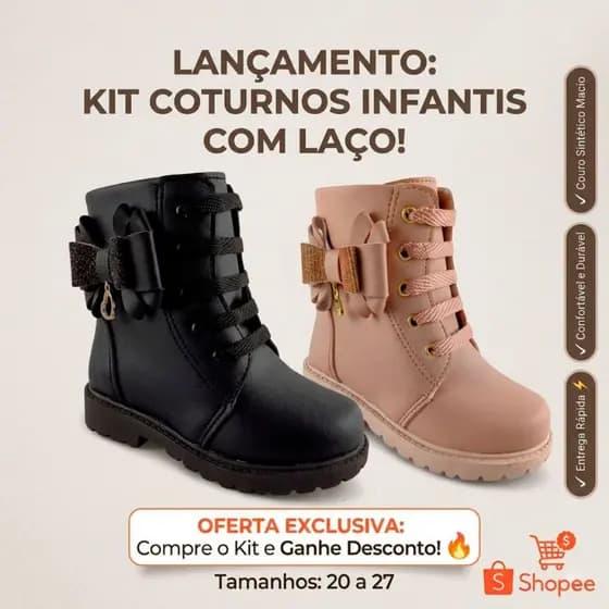 Coturno Bota Infantil Menina Kit 2 Pares Leve Solado Antiderrapante