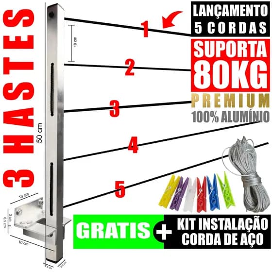 Varal de Roupa de Parede Alumínio Retrátil Apartamento Sacada Kit Net Lavanderia Corredor 3 Hastes