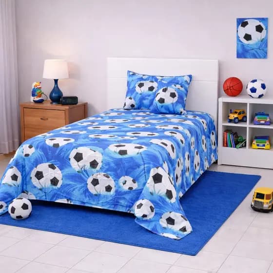 Colcha Cobre Leito Solteiro Infantil Futebol Kit 2 Peças Menino Promoção