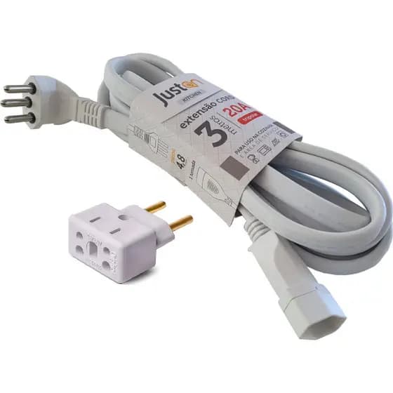 Cabo prolongador 20A 3 metros - Microondas, forno, air frier - Com Adaptador