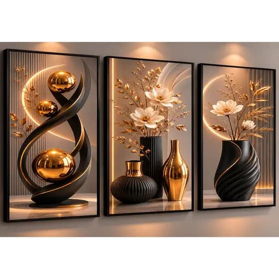 Kit De Quadros Decorativos 3 Peças Hall Vasos De Flores Elegante Modernos Abstrato Luxo Importado VP