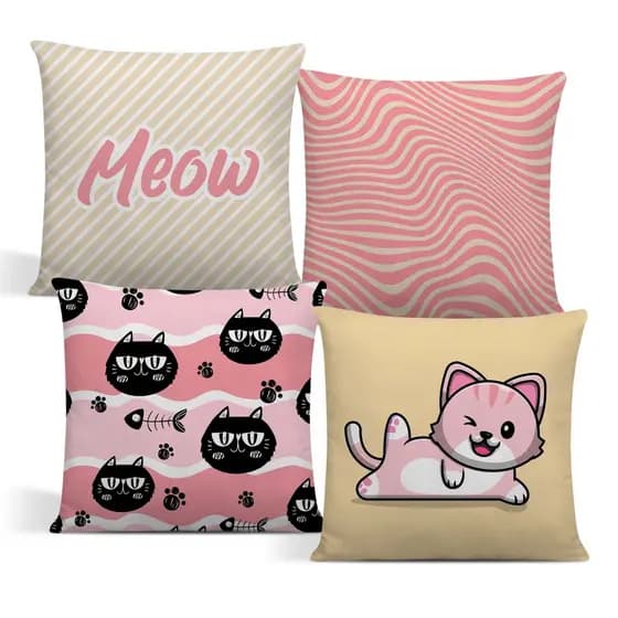 Kit 04 Capas De Almofada 42x42 De Luxo Estampa Meow