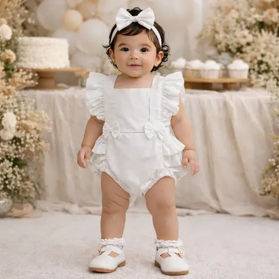 Romper Jardineira Bebê Menina Branco Liso com Faixa Mesversário Fotos Festa Body Infantil