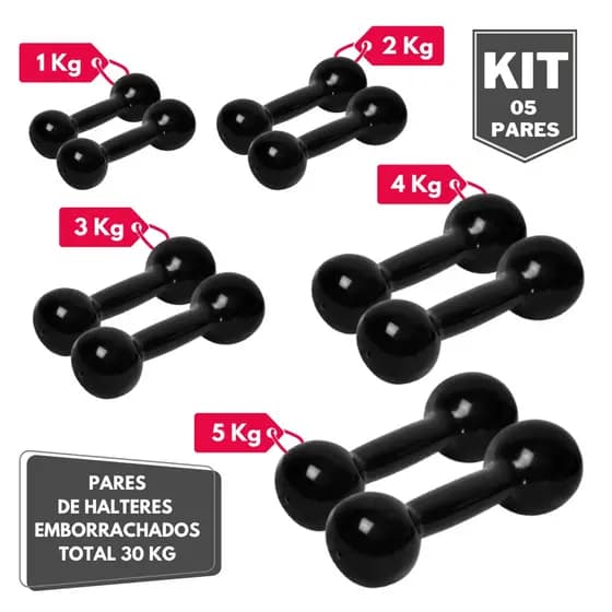 Kit Par Halter Bola Emborrachado 1 2 3 4 e 5 Kg - Total 30 Kg