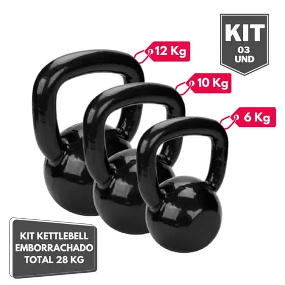 Kit Halter Kettlebell Emborrachado 6 10 e 12 Kg - Total 28 Kg