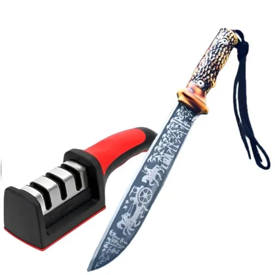 Kit Amolador Afiador De Facas 3 Opções + Faca Churrasco Luxo Personalizada Inox 33 cm