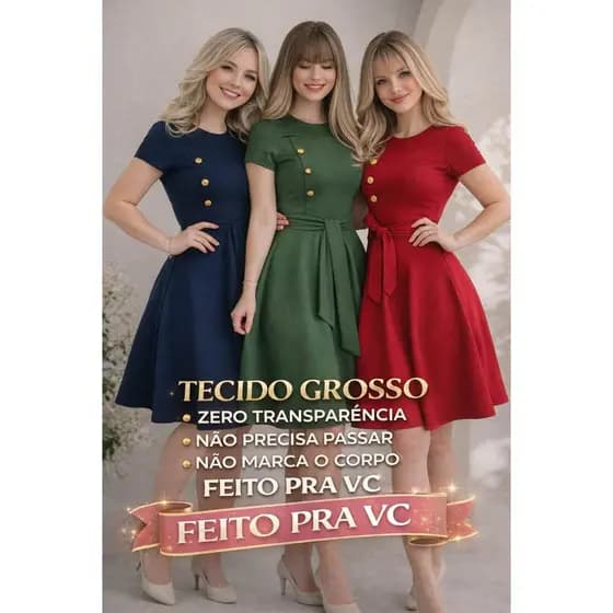 Vestido Plus Size Rodado Botoes e cinto Mangas Moda Evangélica Social Verde Feira da madrugada (soldado)