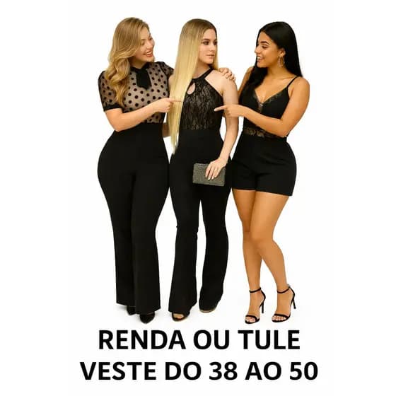 Macacão Feminino Longo Com Renda Preto Com Ziper Flare Boca De Sino Social Com Decote Na Frente Festas