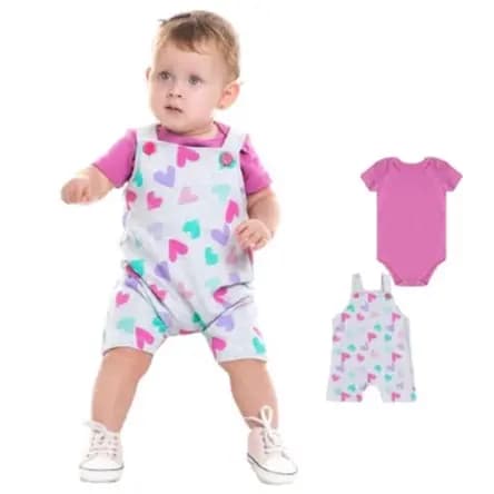 Jardineira infantil bebê menina e body manga curta roupa para bebê