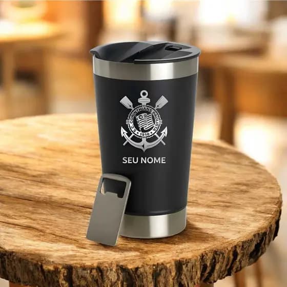 Copo Térmico 473ml Personalizado com seu Nome e Time de Futebol com Tampa e Abridor