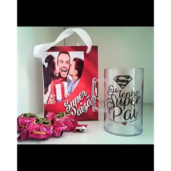 KIT LEMBRANCINHA DIA DOS PAIS 1 CANECA DE CHOPP ACRILICA PERSONALIZADA COM NOME E FOTO 3 BOMBONS E SACOLINHA PERSONALIZADA COM NOME E FOTO