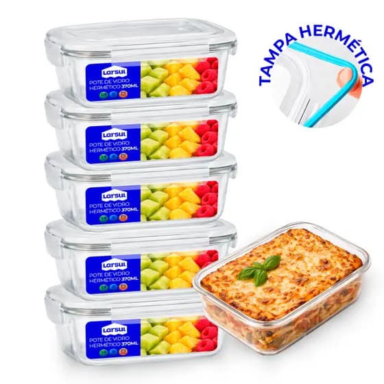 Conjunto de Potes de Vidros 370ml Hermeticos para Marmitas Fitness com 4 Travas Forno Micro Ondas