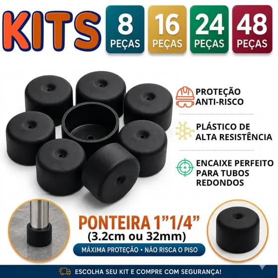 Kit Ponteira Externa 1"1/4 32mm Plástico Preto Protetor para Pé Cadeira Ante Risco Kit de 8 a 48 Und