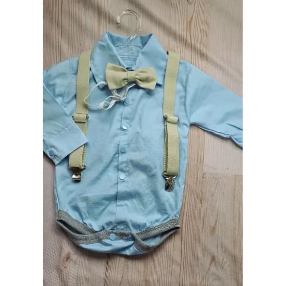 Roupa Batizado Bebê Masculino Camisa Body AZUL CLARO + suspensório +gravata