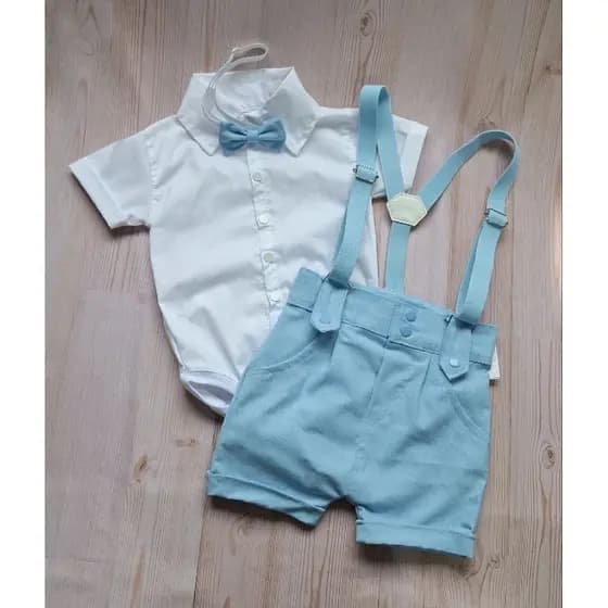 Conjunto Batizado Bebê Menino Bermuda e Suspensório Pajen.