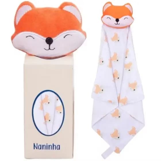 Naninha para bebê raposinha antialérgica com porta chupeta