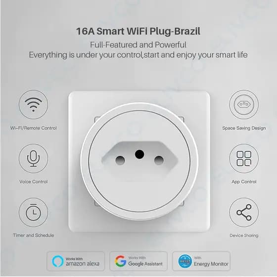 Tomada inteligente 16A monitor de energia controle de voz para o google e alexa