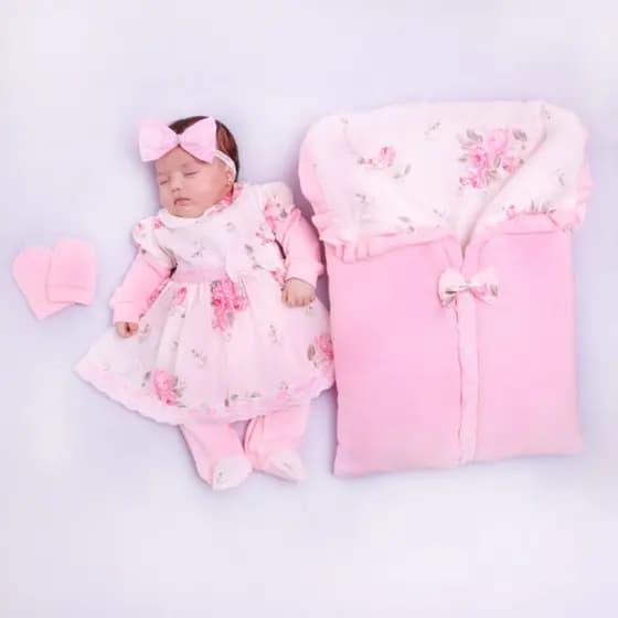 Saída Maternidade Floral Rosa Menina Com Saco De Dormir Luxo 100% Algodão