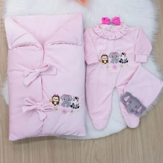 Saída Maternidade Bebê Menina Safari Rosa Com Saco De Dormir Em Plush para Bebe Menina