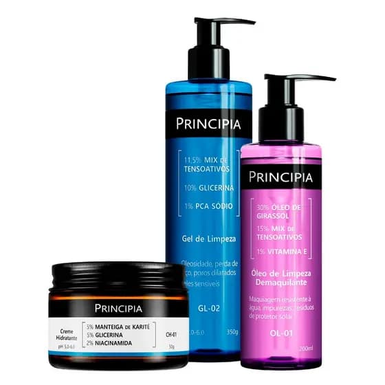 Principia Kit Trio Demaquilante e Hidratante c/ Gel de Limpeza GL-02 + Creme Hidratante CH-01 + Óleo de Limpeza OL-01