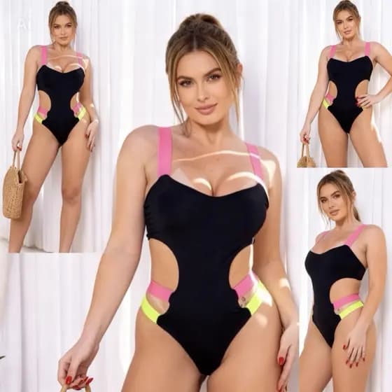 Body Maiô Praia Piscina com bojo detalhes neon engana mamãe