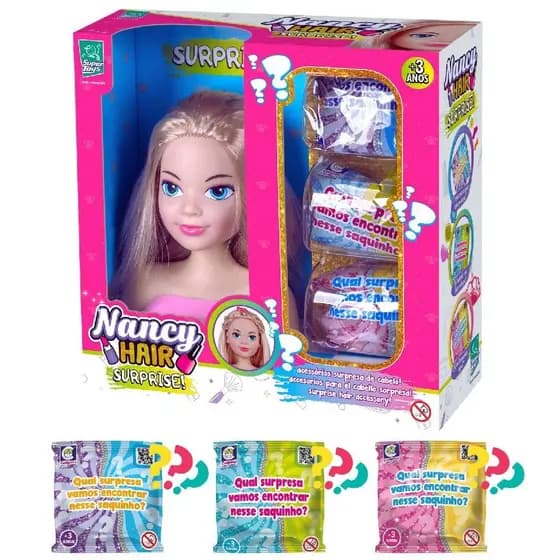 Boneca Busto Nancy Hair Surprise Com Cabelo Para Pentear e Acessórios
