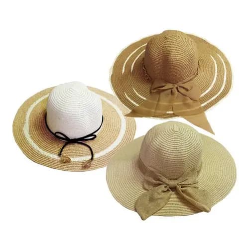 kit 3 Chapéu Feminino Palha Floppy Aba Longa + 3 Viseiras
