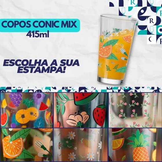 Copos Conic Mix Estampado Red Fruits, Jogo de Copo Vidro 6 Peças 415ml - Ruvolo