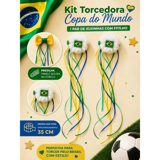 Kit com 2 Xuxinhas no Bico de Pato Infantil Copa do Mundo Brasil com Fitilho para Cabelo Torcedora