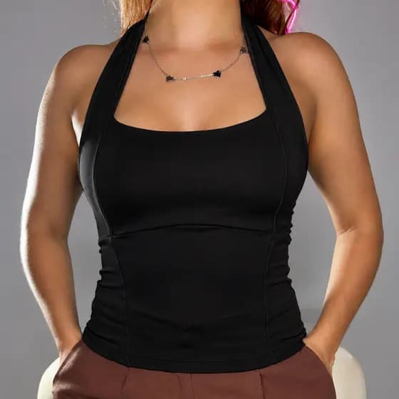 Blusa Regata Feminina Halter Academia Frente Única Efeito Silicone Costas Nuas Moda Gringa Verão