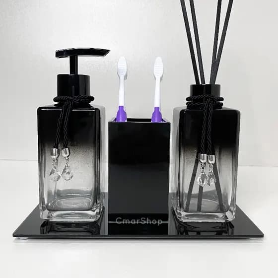 Kit Banheiro Preto Degrade C/ Porta Escovas Sabonete liquido e Difusor Aromatizador