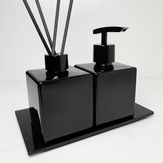 Kit Lavabo Preto Brilhante Difusor e Sabonete C/ Bandeja para Banheiro