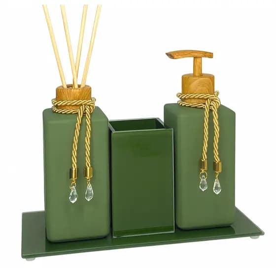 Kit Lavabo Verde Militar Sabonete Líquido C/ Porta Escovas Aromatizador Difusor Com Bandeja Luxo